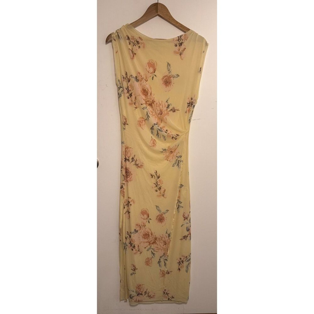 Free People Light Yellow Floral Sheer Mesh Ruched Waist Column Maxi Dress XS